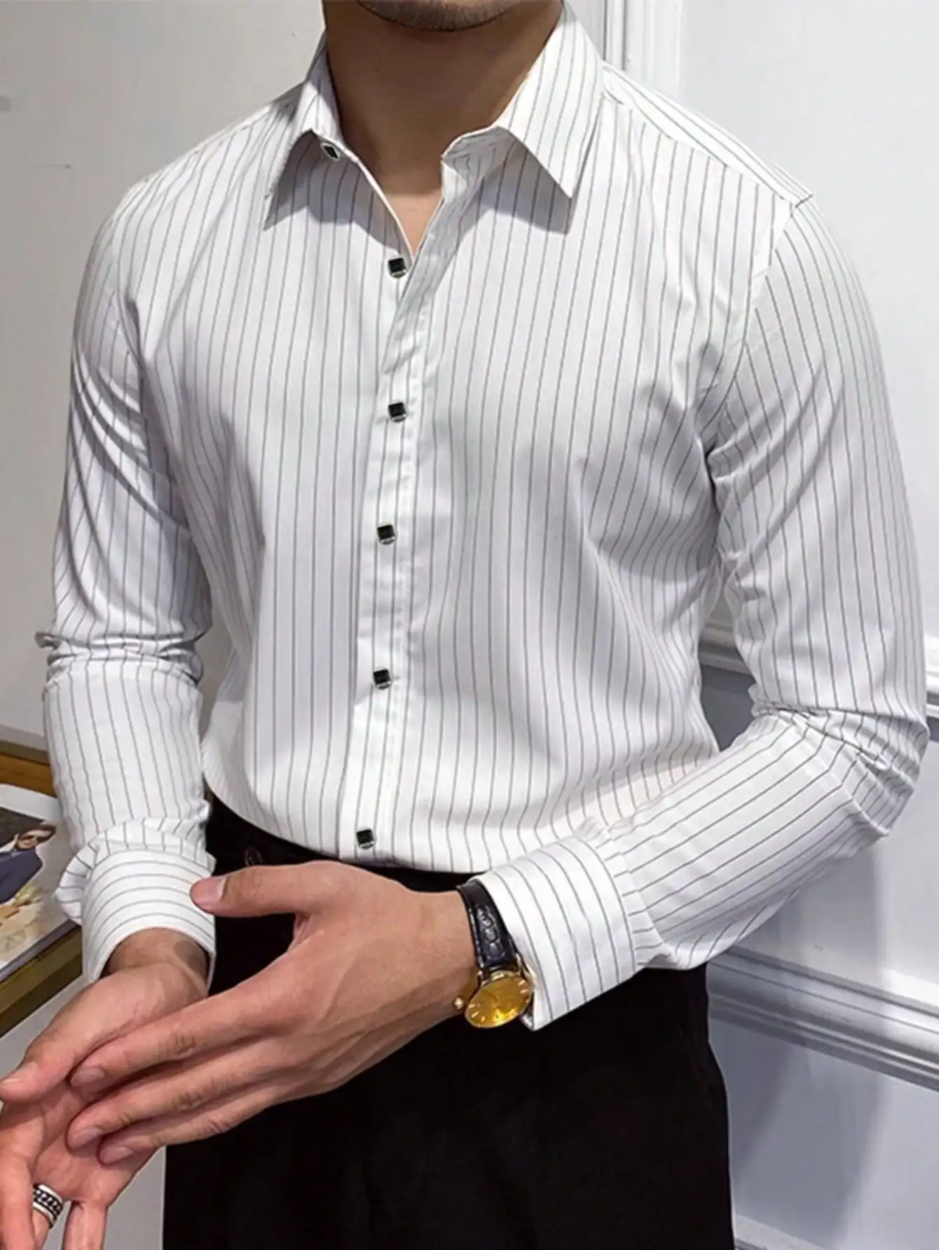 

Men's White Vertical Stripe Formal Long Sleeve Shirt with Black Square Buttons