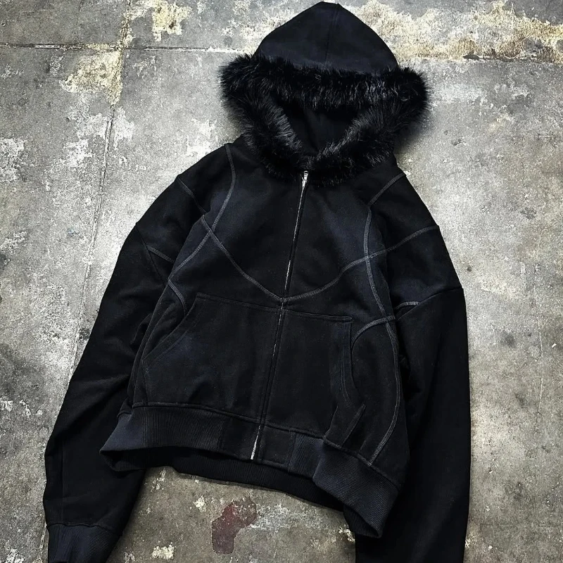 

Уличная трендовая куртка в стиле ретро Y2K, европейская и американская меховая шапка, толстовка с капюшоном и принтом, кардиган с длинными рукавами, толстовка с капюшоном