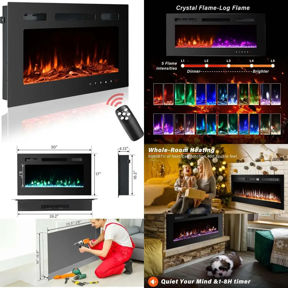 

30 Wall-Mounted Electric Fireplace, 12 Color Flames, Remote & Timer Features