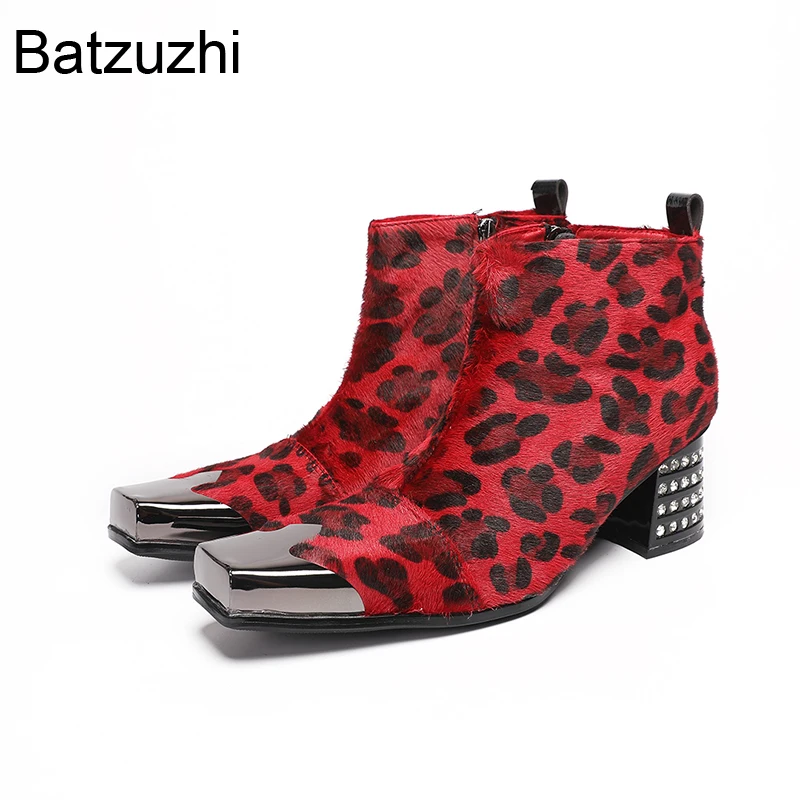 Batzuzhi Fashion Design Men's Boots Shoes Square Toe Red Lepaord Pattern Leather Ankle Boots for Man 7cm Heels with Rhinestone