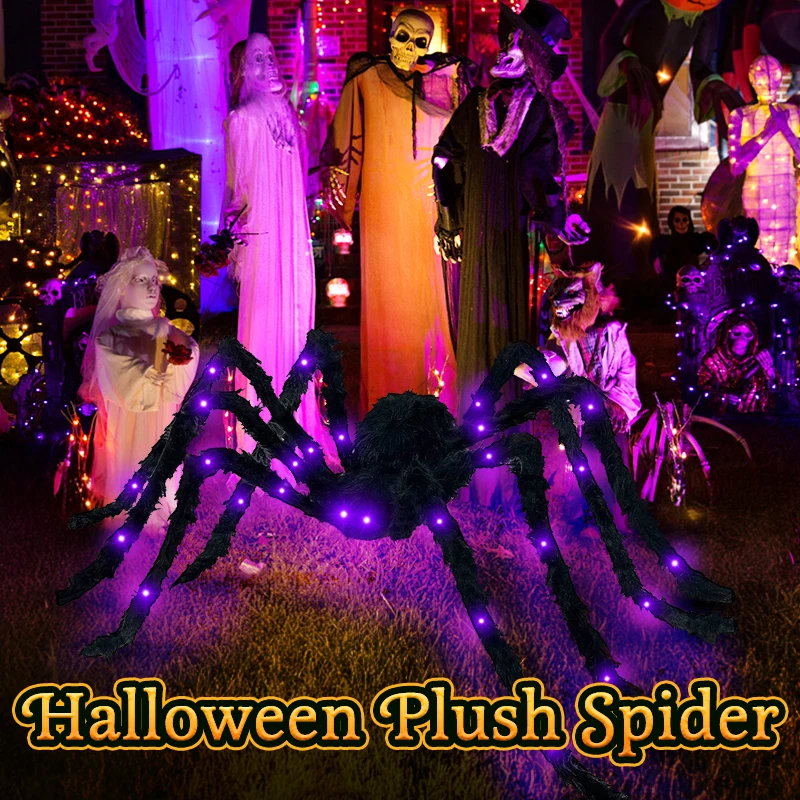 Halloween Plush Spider Large Light Up Spider With Purple LED Light Realistic Hairy Prop For Indoor and Outdoor Yard Decoration