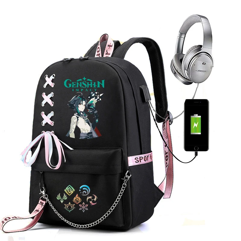 Genshin Impact Hu Tao School Bag for Teenager Girls Mochila Xiao Kaedehara Kazuha Girl Bagpack Usb Port School Backpack Rucksack