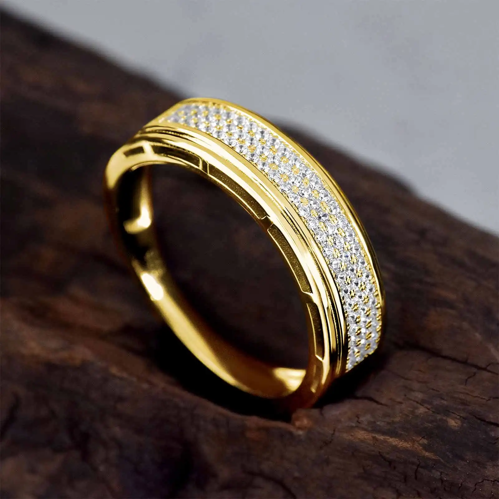 Genuíno 925 anéis de casamento de prata esterlina para homens, ouro amarelo, meia eternidade, zircão cúbico redondo brilhante, joias finas, tamanho 7-14