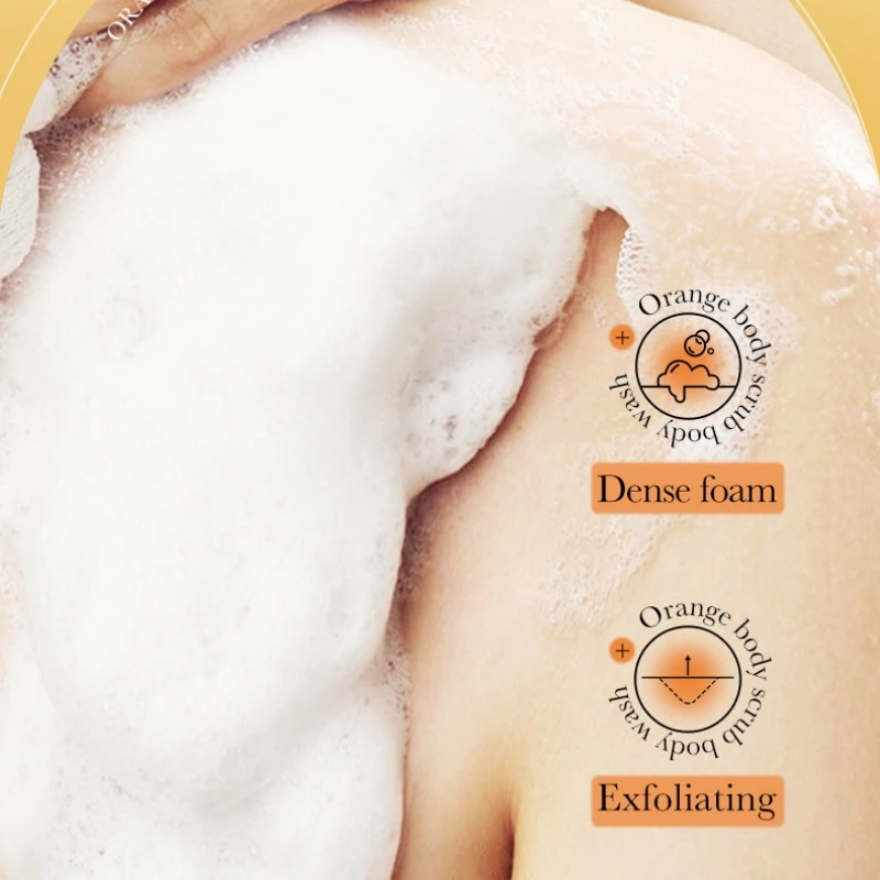 300ml Orange Body Scrub Shower Gel, a Cleansing Body Wash Containing Fresh Orange Extract, Citrate Salts, and Other Skin Care Ingredients. the Fine Scrub Particles Deeply Cleanse Skin Impurities and Dead Skin Cells, While Hydrating and Moisturizing the Skin, Brightening Its Complexion, and Leaving It Clean, Silky, Soft, and Emitting a Pleasant Fragrance.