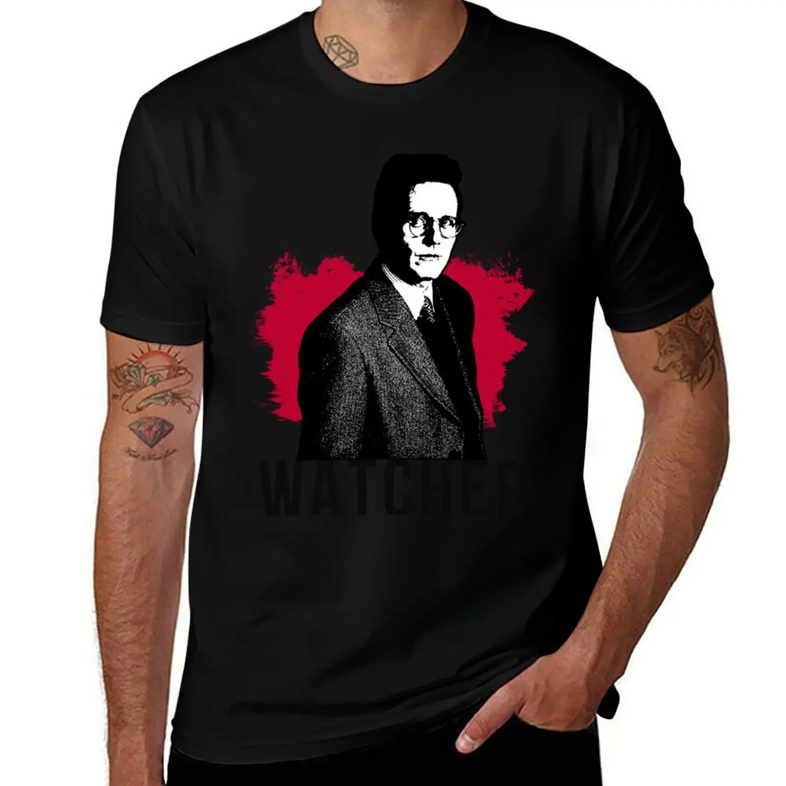 Giles the Watcher - Red with Black Text (BtVS) T-Shirt quick-drying street wear designer shirts cotton t shirt men