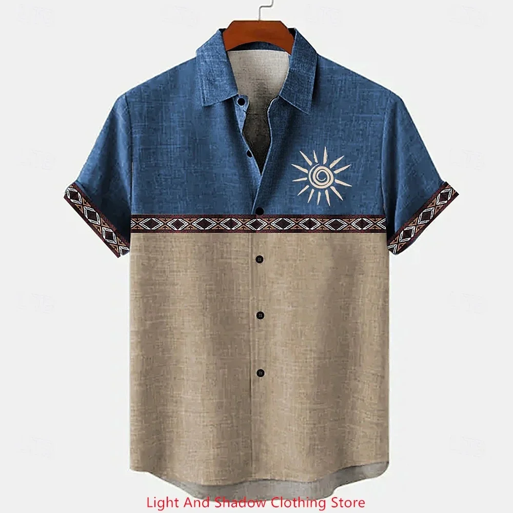

Men's retro linen shirt summer short sleeved patchwork pattern printed short sleeved top button up shirt ethnic clothing
