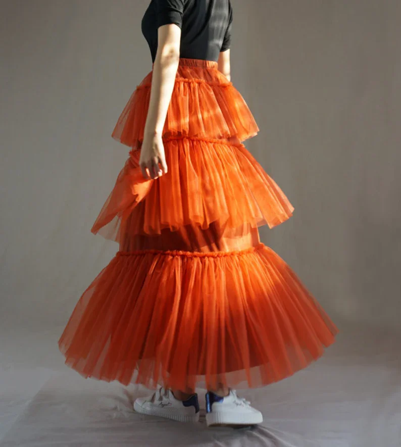 Pretty Orange Tiered Tulle Skirt A Line Layers Ankle Length Women Photo Shooting Skirt Elastic Elegant Bridal Wedding Skirt