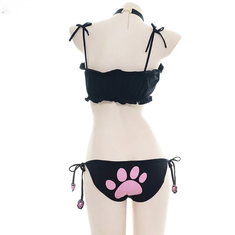 Anime Girl Cute Cat Paw Bikini Swimsuit Costume Summer Beach Girl Mini Lovely Cats Bell Swimwear Uniform Cosplay Cats Hollow Bra