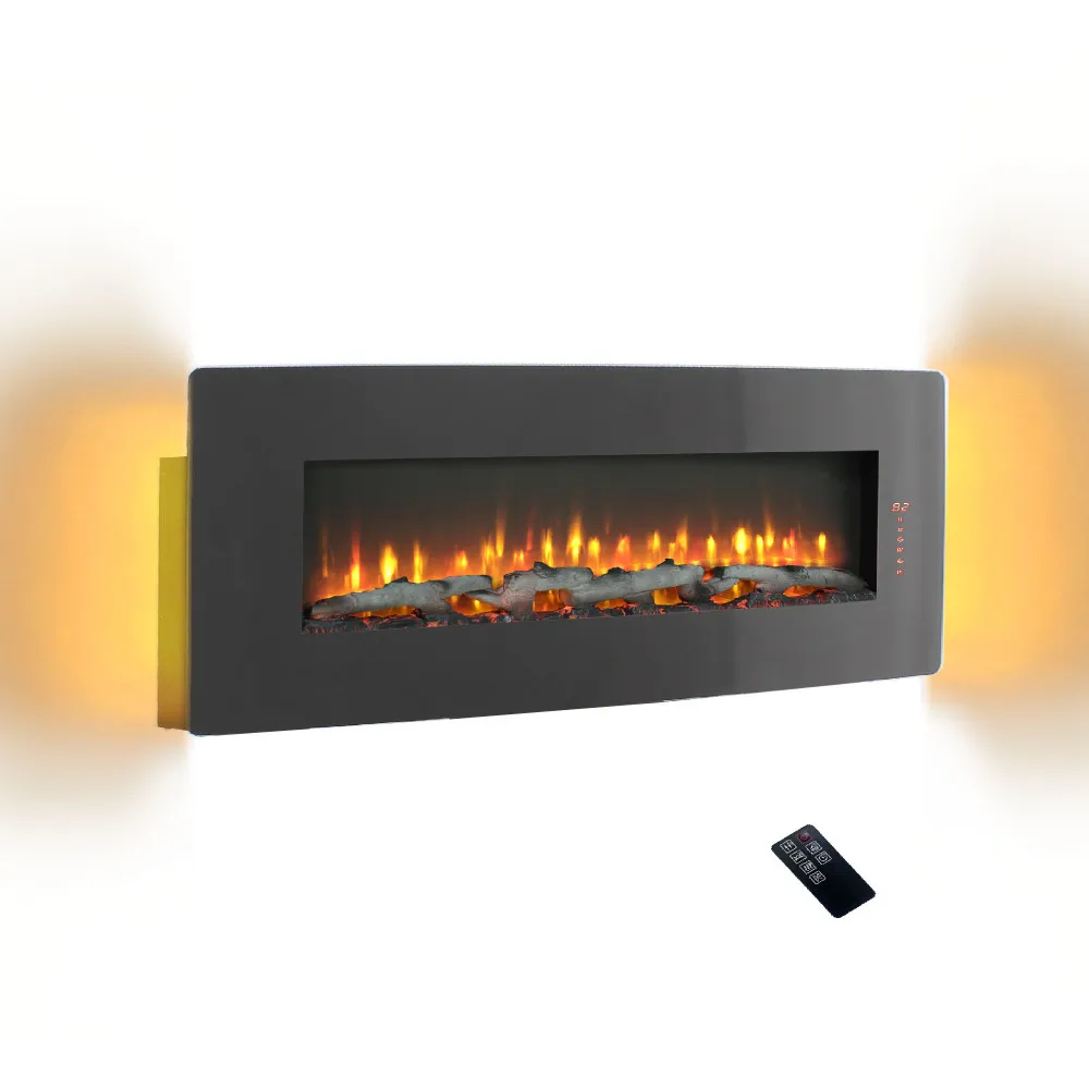 

48 inch Curved Front Wall Mounted Electric Fireplace with remote and multi color flame & emberbed