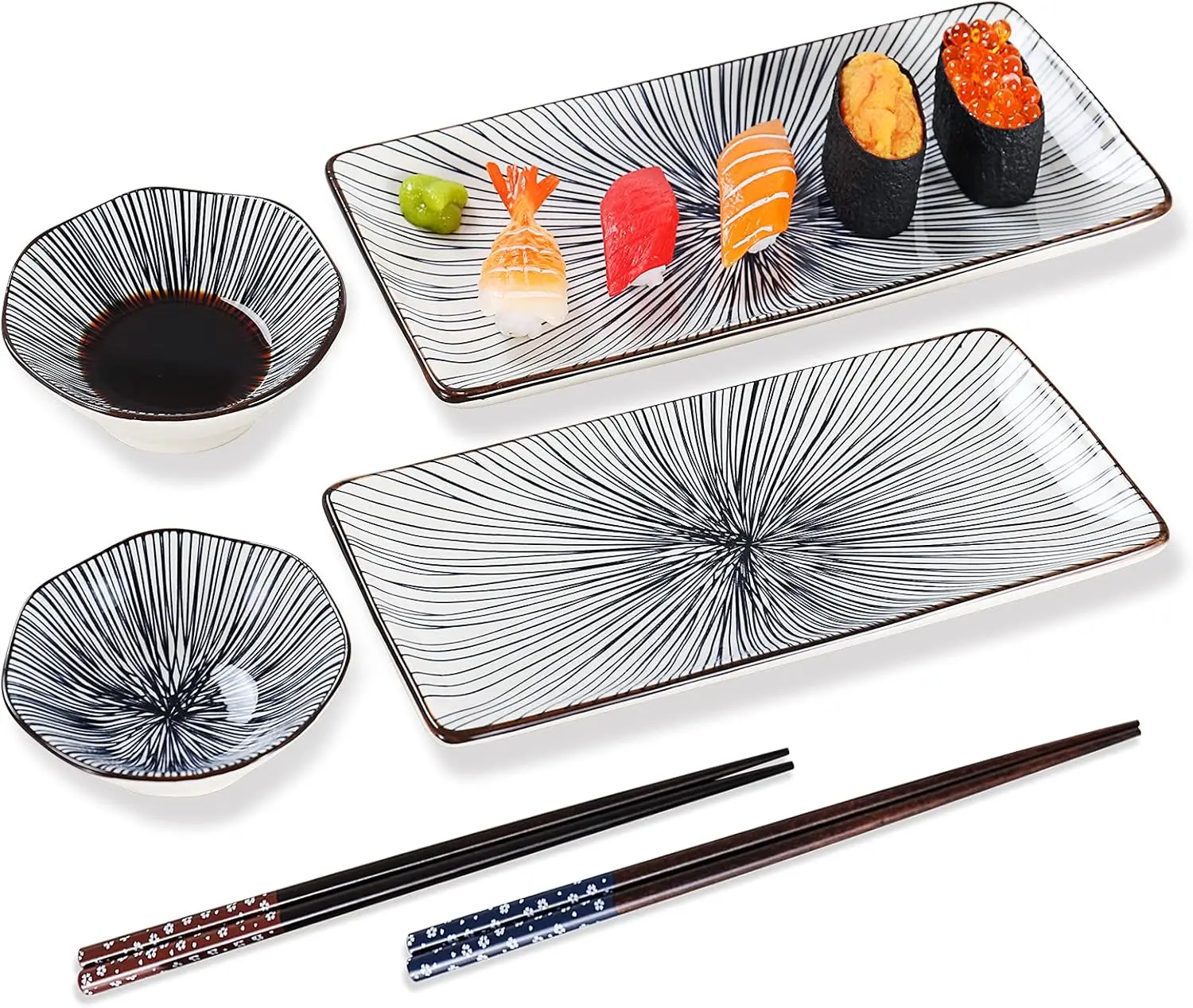 

6 piece sushi plate set, 10-inch ceramic rectangle sushi dishes, sushi serving set for 2, with 2 sushi plates 2 sauce bowls 2 pa