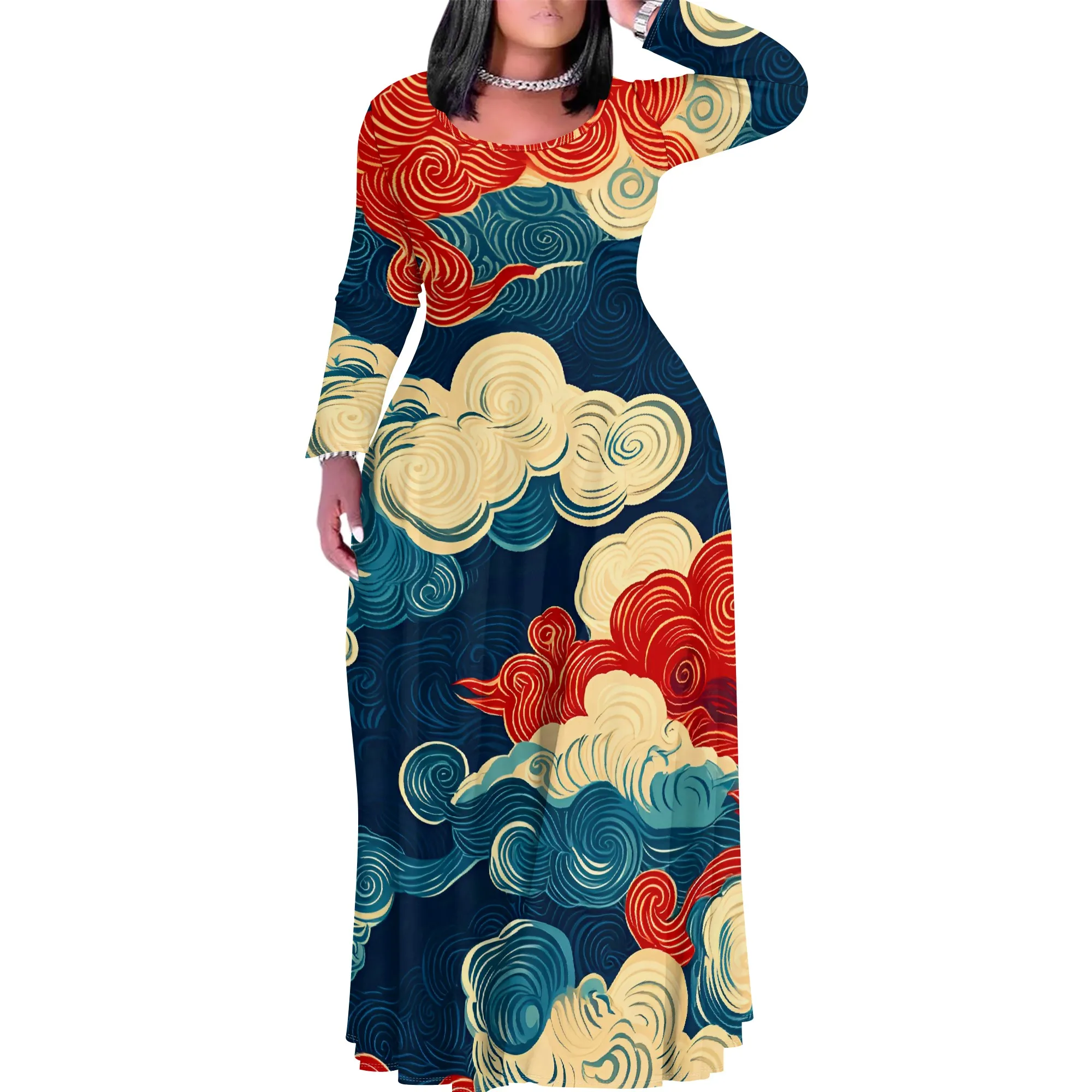 

Women's Summer Fashion Printed Long Sleeve Splits On Both Sides Maxi Dress Round Neck Long Sleeve Maxi Dress