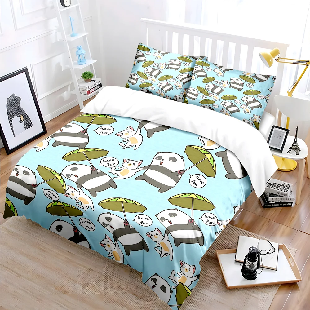 Cartoon pandas and cats playing with umbrellas Duvet Cover Set Digital Print Colorful Polyester Bedding with Zipper Closur