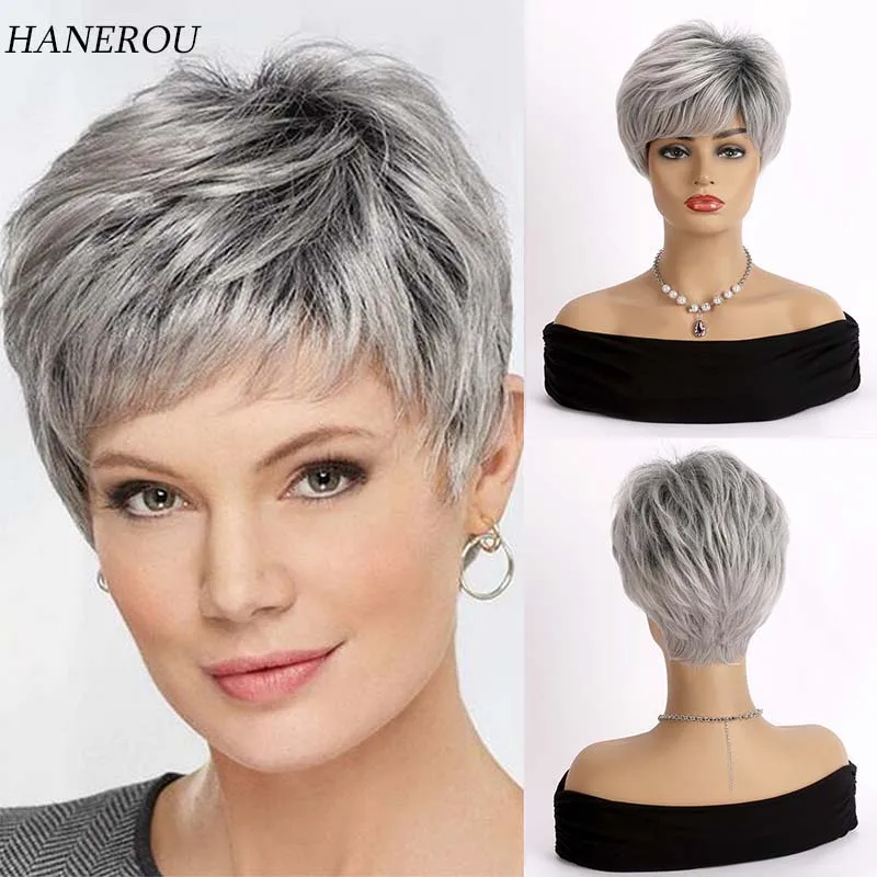 Short Silver Gray Wigs Pixie Cut Synthetic Wigs with Bangs for Black Women High Temperature Daily Fake Hair