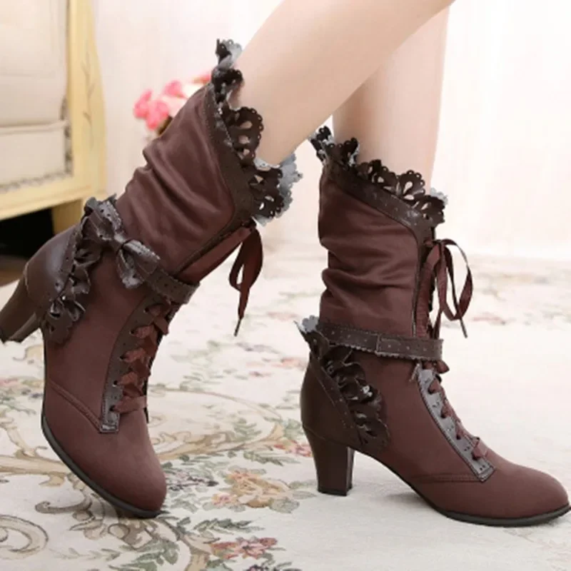 Bota Lolita de tacón alto de 6cm para uso diario, gamuza preciosa gótica oscura de invierno, talla grande 33-42, agradable arco, botas cortas Loli hechas a mano para fiesta de té