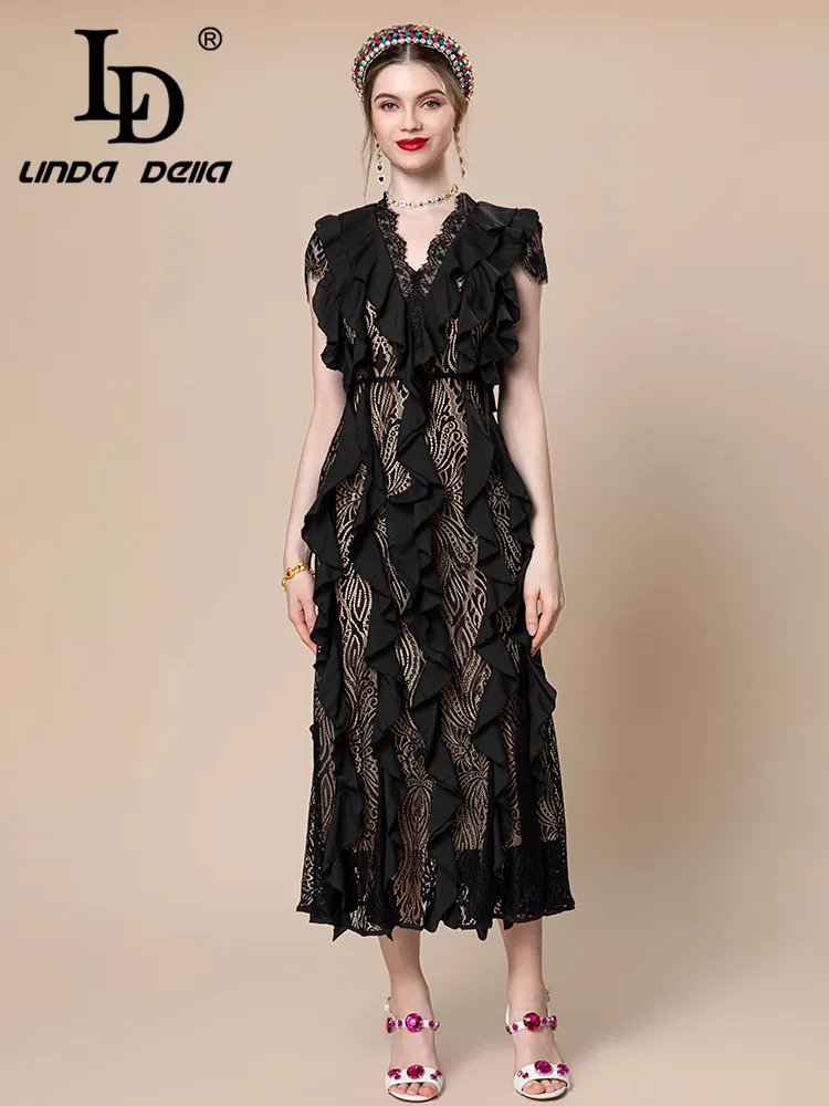 LD LINDA DELLA Summer New Style Italian Luxury Dress Women's Black V-Neck Splice Embossed hollow Striped Draped  Dress