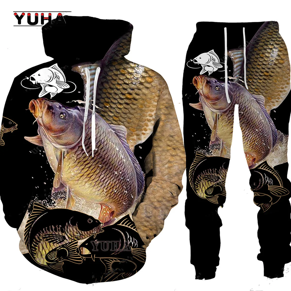 spring and autumn 3D Carp Fishing Hunting Camo Printed Men\'s Hoodie Pants Tracksuit Set Sportswear Long Sleeve Men Clothes Hoodi