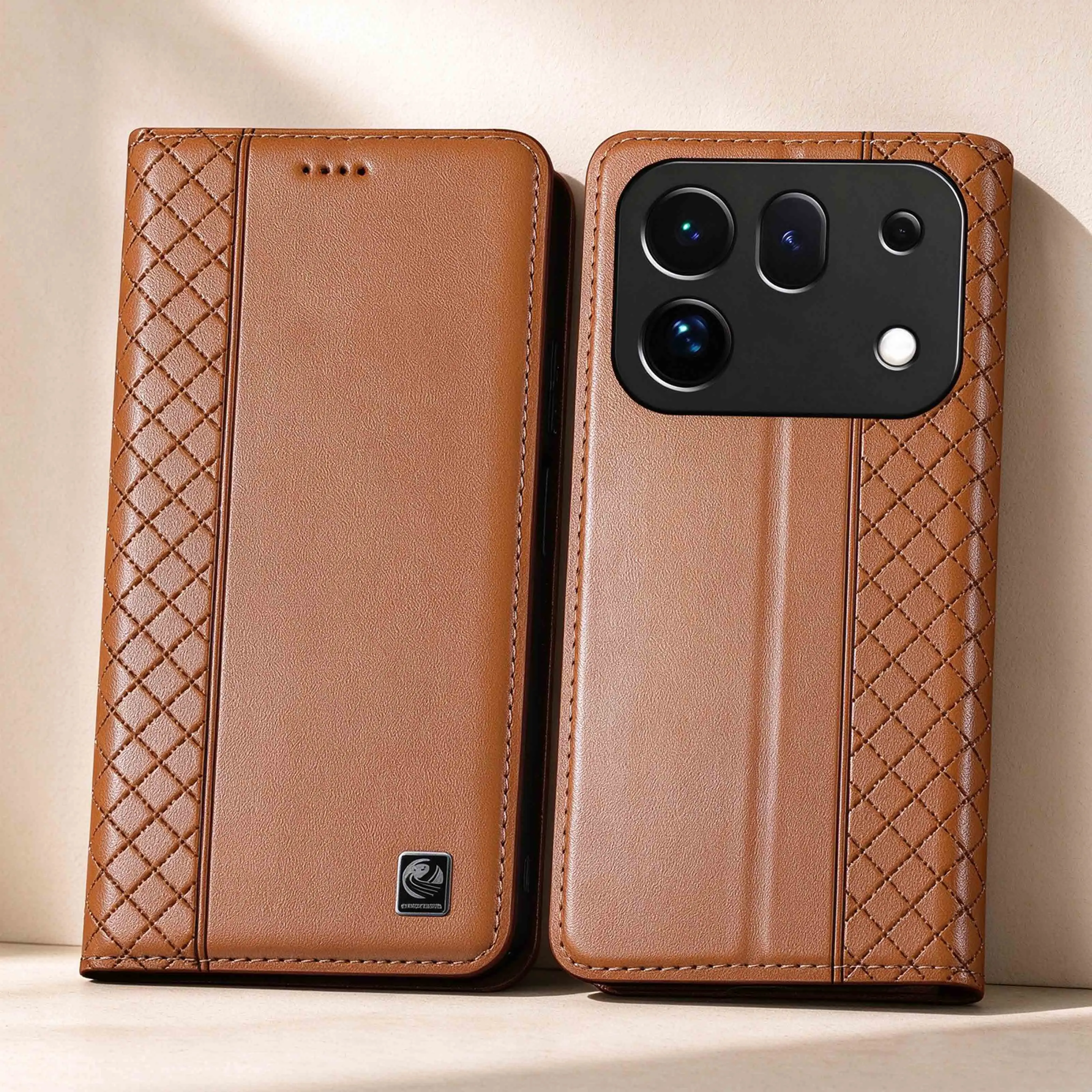 Napa Inner Grid Genuine Leather Flip Phone Case For OPPO Find X5 X6 X7 X8 X8S X9 X10 E Pro Max Plus Ultra Lite Wallet Cover Case