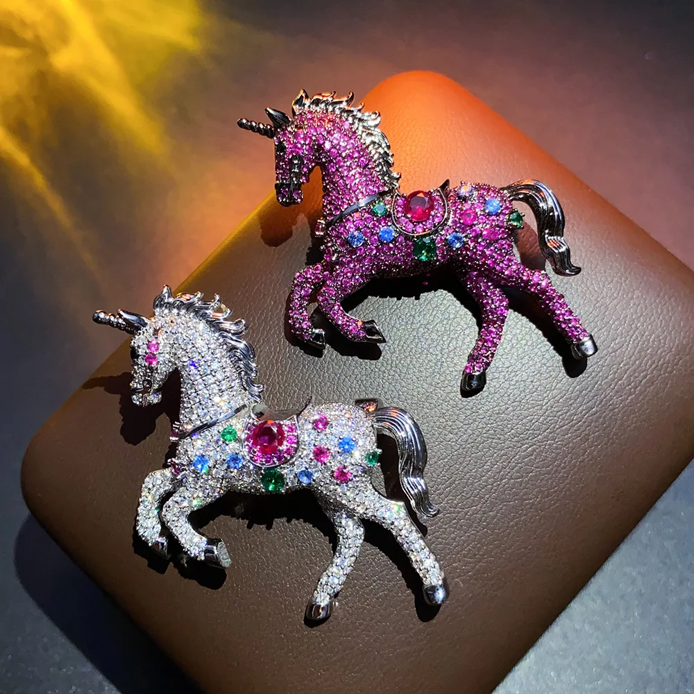 Heavy Industry Inlaid with Colored Zircon Unicorn Brooch Fashion High-end High-end Clothing Accessories for Women Men