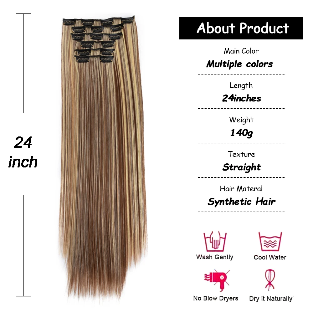 Extensões de cabelo sintético para mulheres, clip in, longo, ondulado, grossa hairpieces, cabeça cheia, ombre, 6 pçs/set, 24in