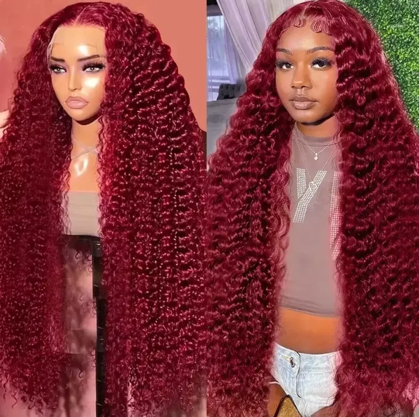 99J Burgundy Deep Wave Wigs 13x4 13x6 HD Transparent Lace Frontal 100% Human Hair 180 200 Density Wigs  Red Curly Wigs For Women