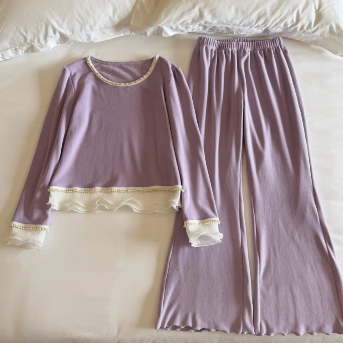 

New Woman Pajamas Korean Spring Autumn Velvet Lace Pearl Edge Loungewear Trousers Sets Fashion Sleepwear Women's Home Clothes