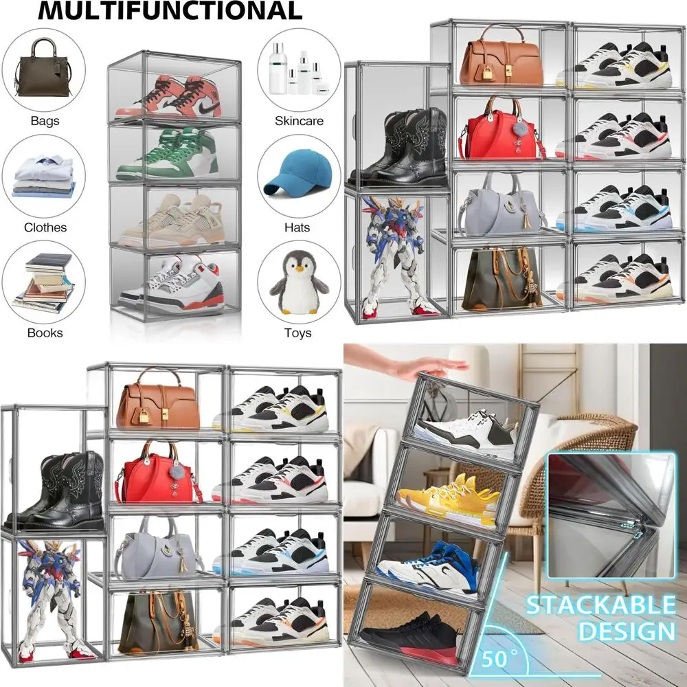 

12-Pair Clear Plastic Shoe Box Organizers with Lids for Stackable Storage, Ideal for Closets and Underbed Use