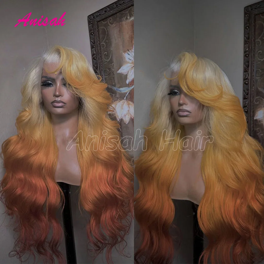 Brazilian Raw Ombre Blonde Ginger Orange Body Wave Lace Front Human Hair Wig Skunk Stripe Wavy Lace Closure Wig Pre Plucked