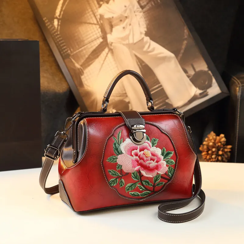 g Women Large Capacity Handbag Vintage Lock Shoulder Crossbody Bag For Mom Gift Retro Chinese Style Peony Embroidered Doctor Ba