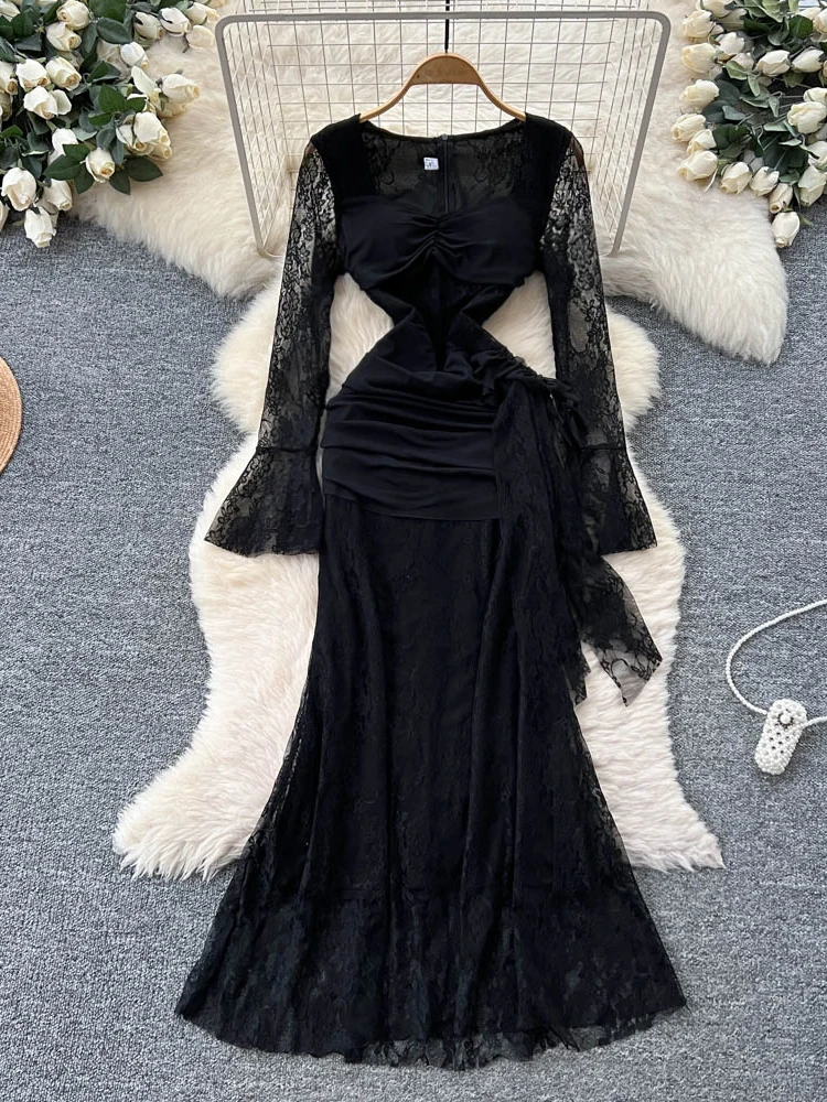 

Sexy Lace Insert Pleated A-Line Dr High Waist Bell Sve Square Collar Slimming Ele Ci Commute Summer Long Sve