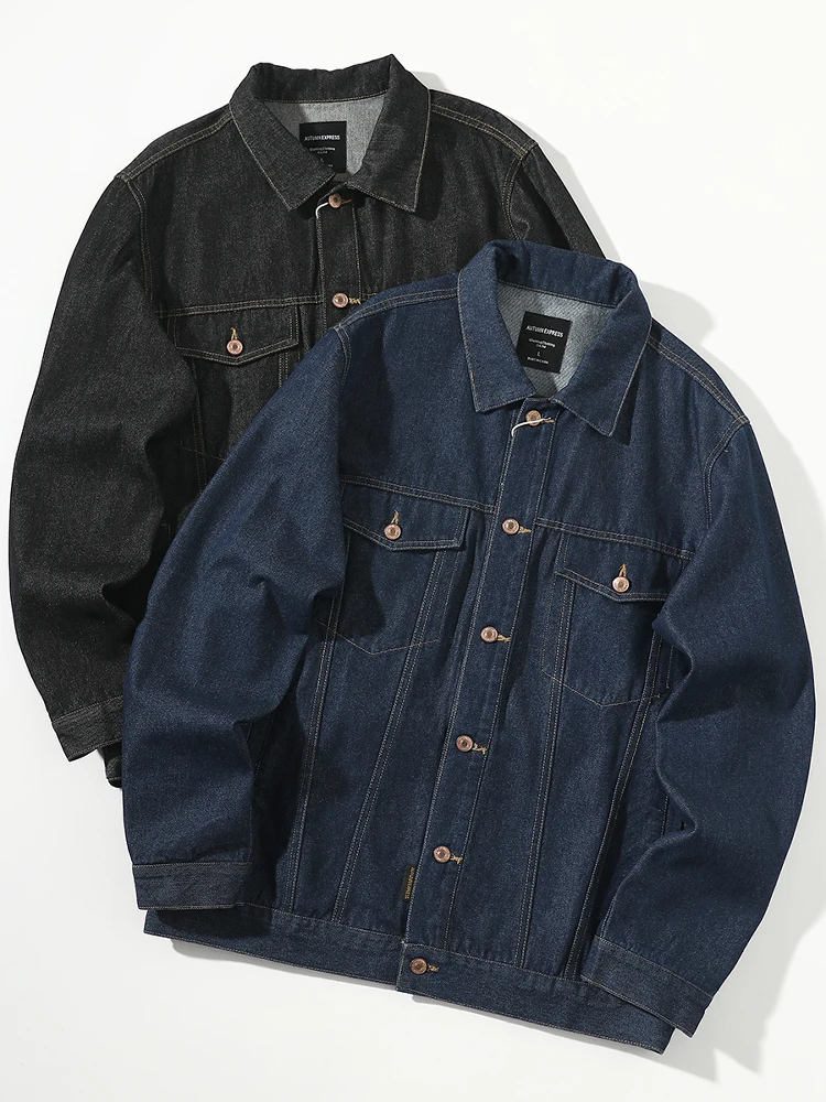 

Classic American Retro Pure Cotton Waed Loose Men's Denim Jaet Casual irt with Multiple kets Youthful Spring Wear