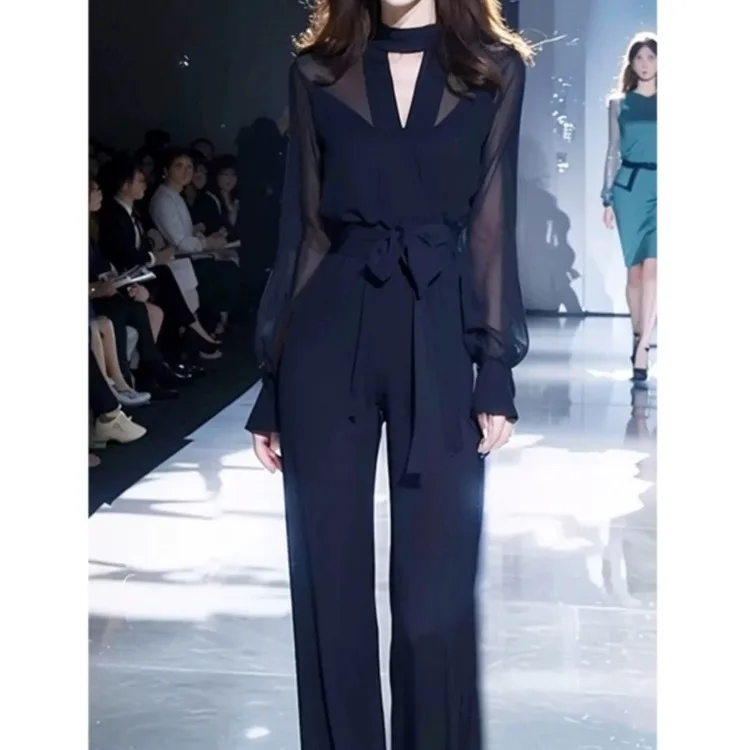 

New High End Autumn Two Piece Set Women Fashion Design Patchwork Lattern Sleeve Blouse + Straight Pants Elegant Suit Waistband