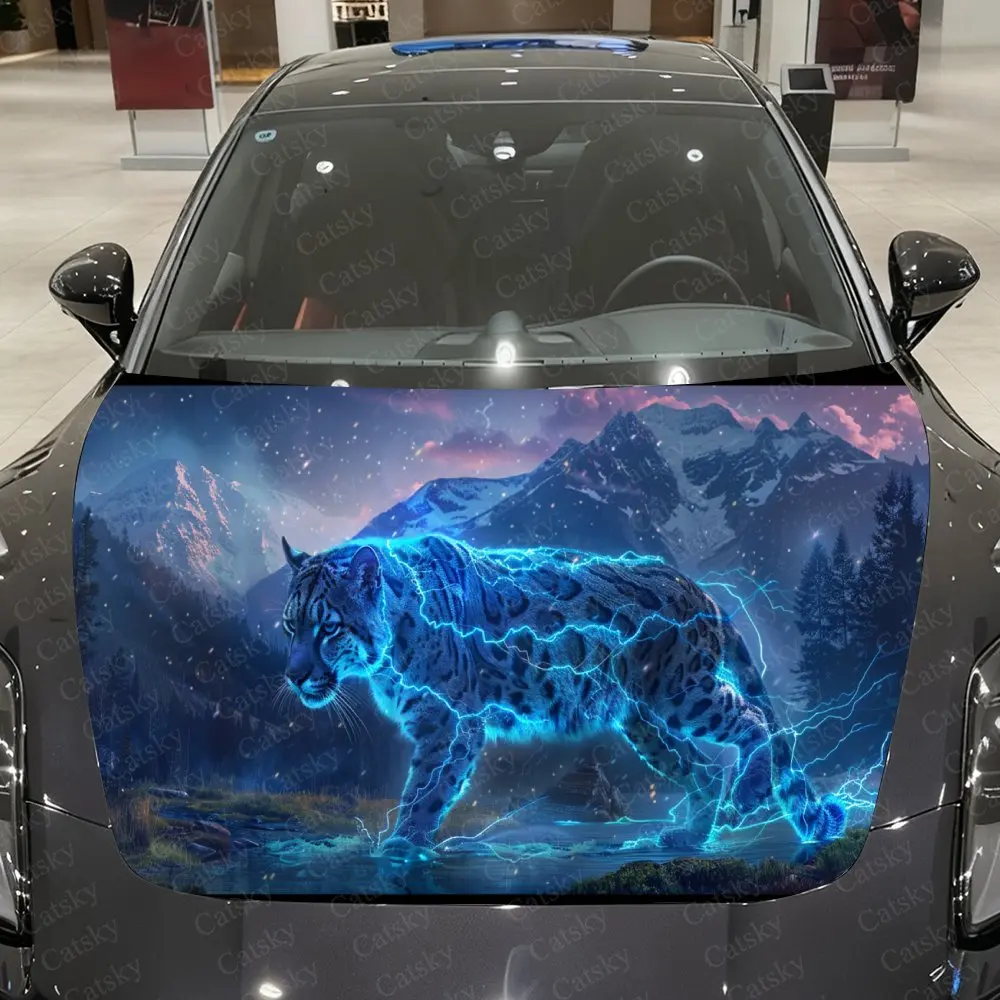 

Blue Lightning Snow Leopard Icy Mountain Car Vinyl Wrap, PVC Material Waterproof Car Hood Sticker, Self-Adhesive Scratch-Resista
