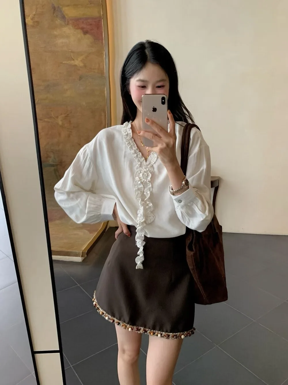 

Chic Loose Long Sve Women's irt Floral Lace Patchwork Cotton Blend Comfortable Breathable Korean Sle V-Ne Daily Wear
