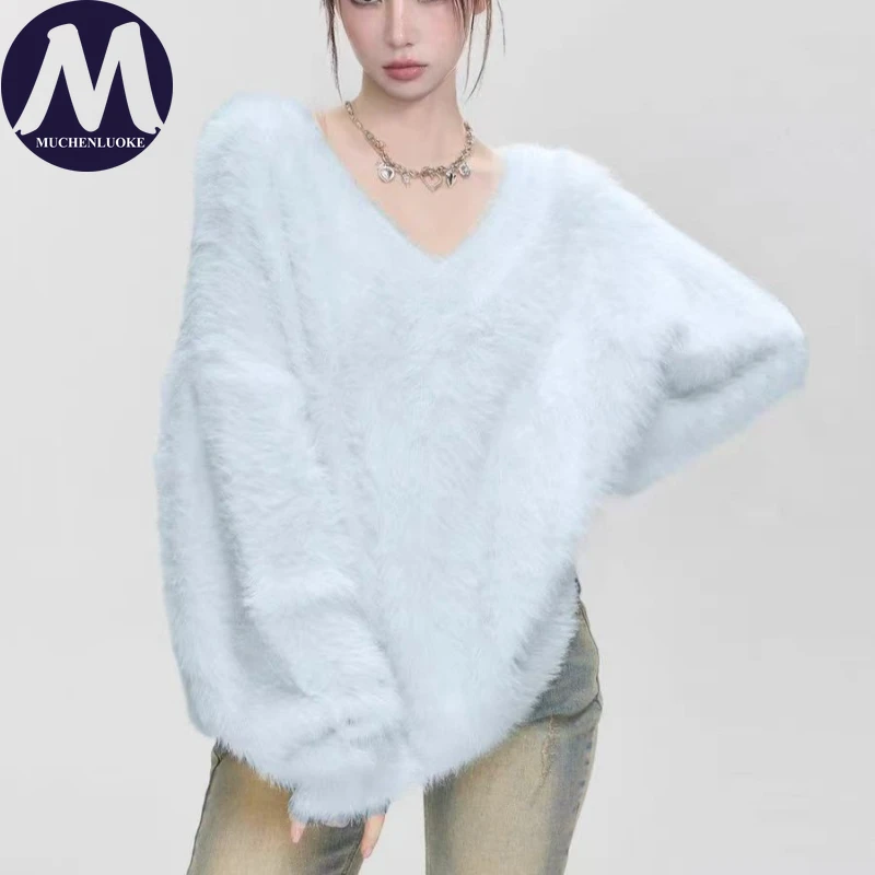 

Женский свитер из искусственного меха норки с v-образным вырезом, вязаный свитер, корейские модные повседневные топы, свободные, утолщенные, теплые пуловеры, осень, зима
