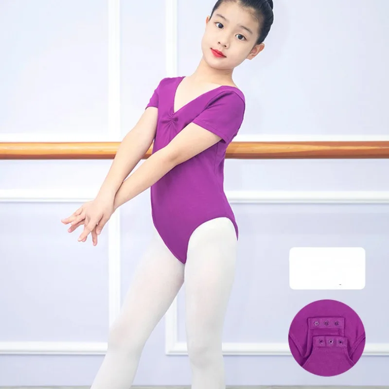 Summer Child Dancewear Ballet Tops Leotard Short Sleeve Solid Pink White V-neck Bodysuit Gym Train Performance Costumes