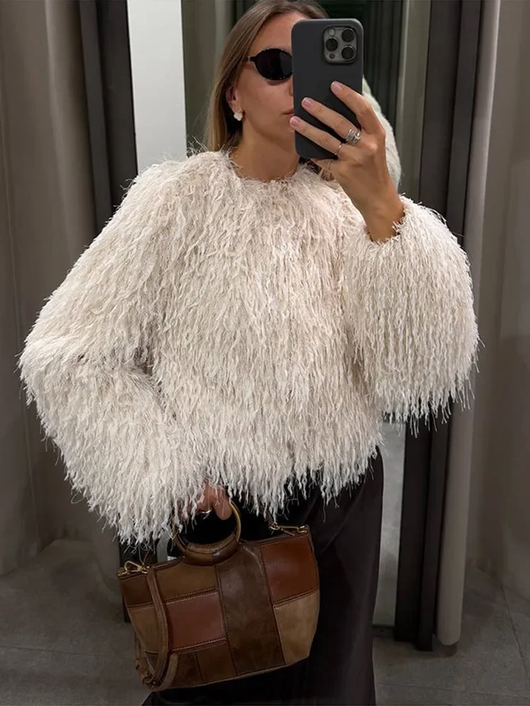 Vrouwelijke Pluizige Faux Vossenbont Jas Jas Winter Losse Luxe Lange Mouw Hoge Taille Patchwork Crop Jas Dames Uitloper 2025