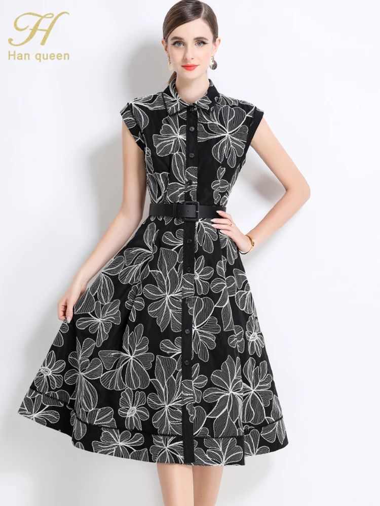 

H Han Queen Floral Print Women Summer Dress Hepburn 50s 60s Retro Swing Vintage Single Breasted A-line Party Dresses with Belt