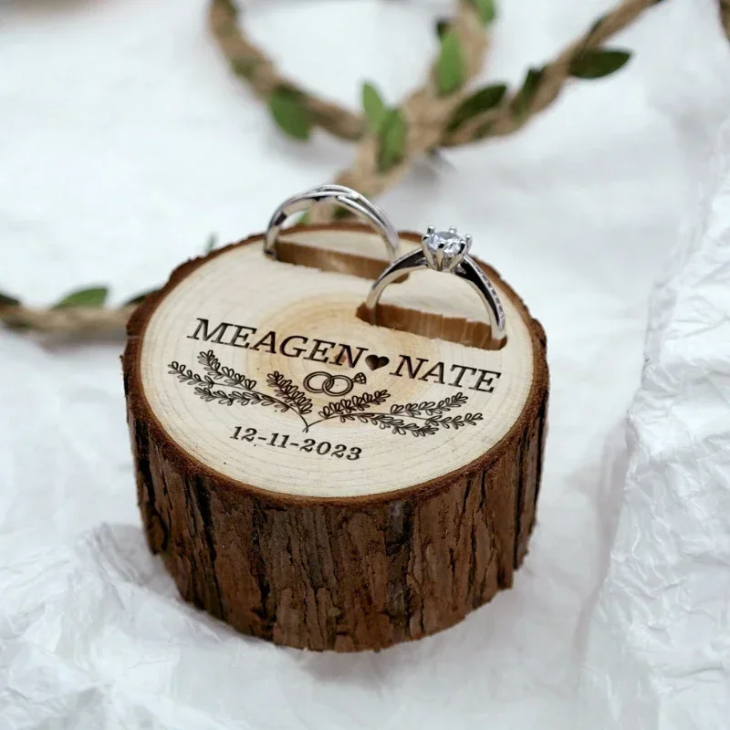 1PCS Free Custom Tree Wooden Stump Ring Bearer Box Wedding Personalized Wood Holder Proposal Bride Groom Proposal Ring Box Gift