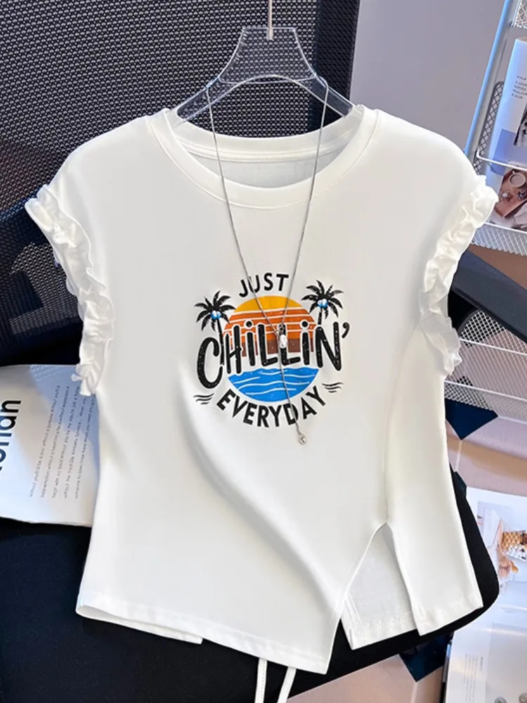 

Pure Cotton White Svel T-irt Women ort Sve Summer Asymmetrical Slit Ba Exposure ort Sle Korean Commute