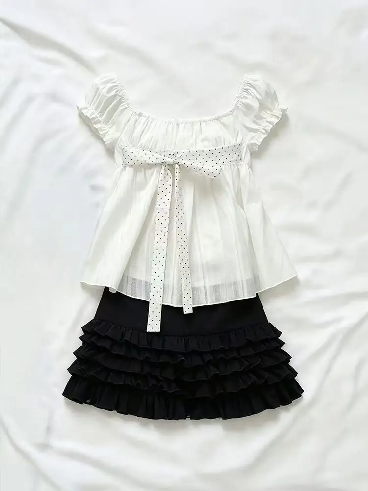 Cute Korean Fashion Polka Dot Bow Puff Sleeve White Black 2-piece Set Blouse Ruffle Shorts Women Girls Daily Streetwear Outfit