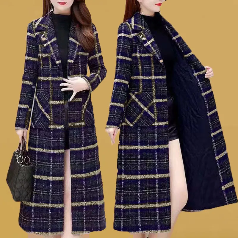 

Winter Plaid Wool Coat For Women New Fashion Single-Breasted Chic Tweed Jacket5XL Mid-Length Thicken Warm Woolen Overcoat Female