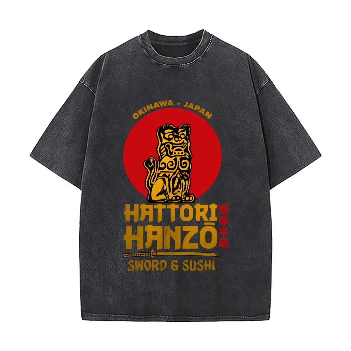Okinawa Japan Hattori Hanzo Sword Sushi Cat Graphic Washed Short Sleeve Loose Streetwear Tee Hip Hop