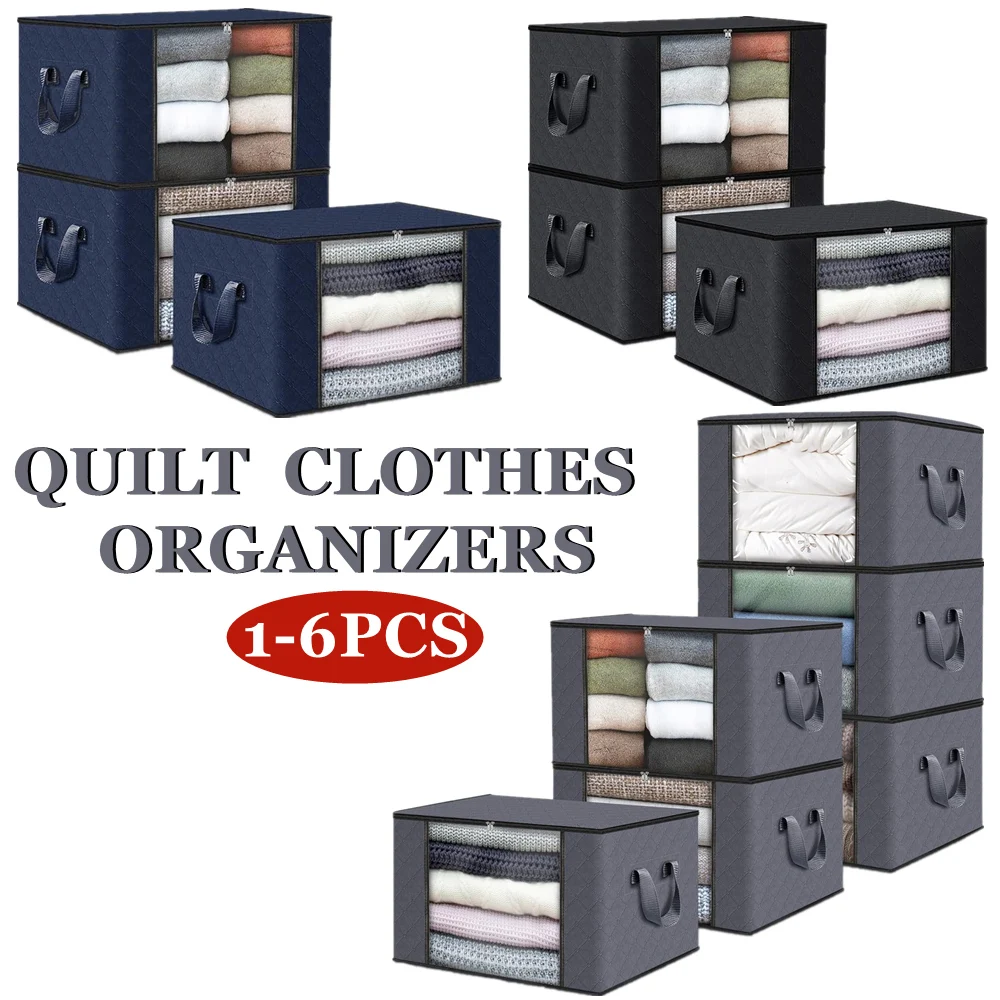 60L Quilt Clothes Organizer, 1-6PCS Clothes Storage Bags, Non-woven Zipper Organizer, Storage Containers for Quilt Clothes Duvet