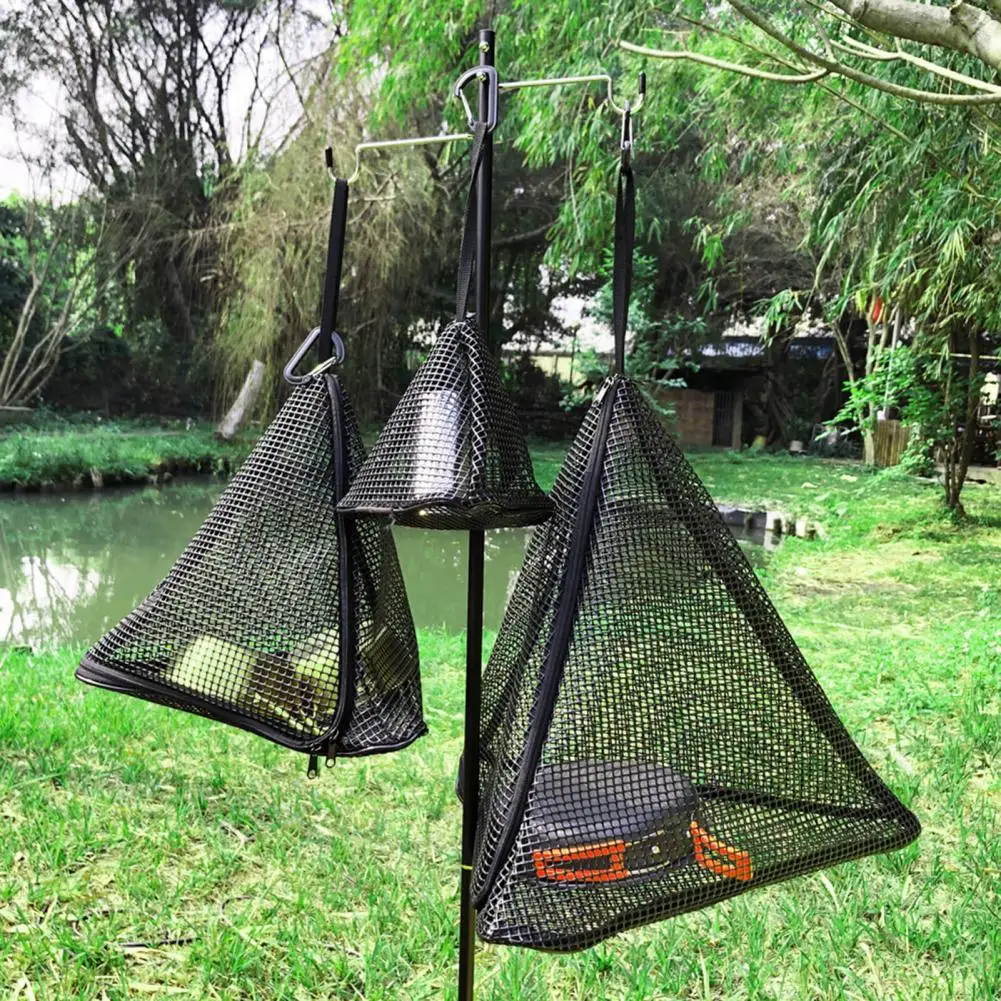 Outdoor Hanging Triangle Drying Mesh Net Pocket Hollow Double Zipper Drying Net Bag With Lanyard Carabiner Camping Supplies