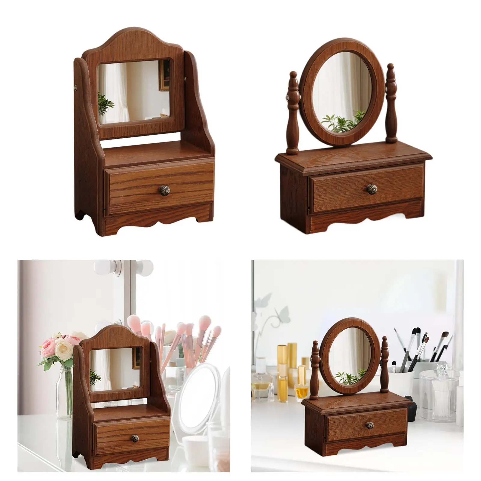 Wood Desk Makeup Mirror Birthday Gift Dressing Mirror Desktop Decoration Countertop Mirror for Bathroom Bedroom Living Room Girl