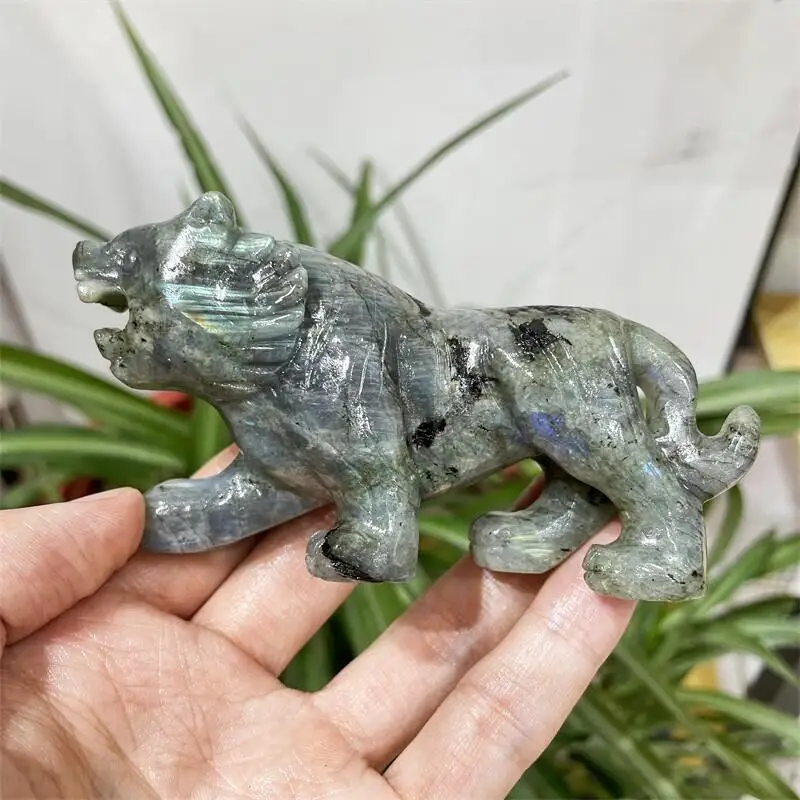 

10CM Natural Labradorite Tiger Crystal Animal Carving Healing Energy Stone Home Decoration Birthday Gift 1pc