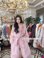 New Winter High-End Women's European Mink Fur Toka Fox Fur Long Coat Waist-Slimming Belt Temperament Slimming Faux Fur Jacket