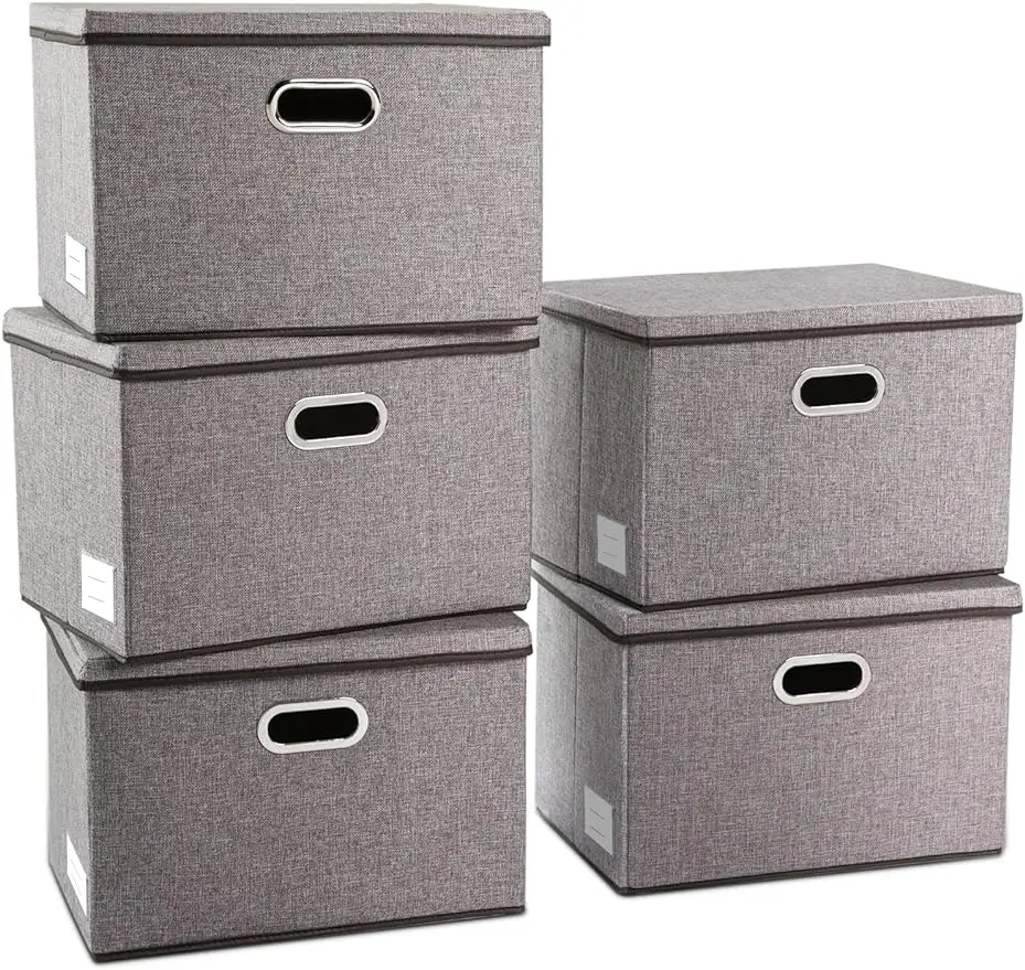 Large Collapsible Storage Containers with Lids [5-Pack] Linen Fabric Foldable Storage Bins Boxes Organizer Baskets Cube