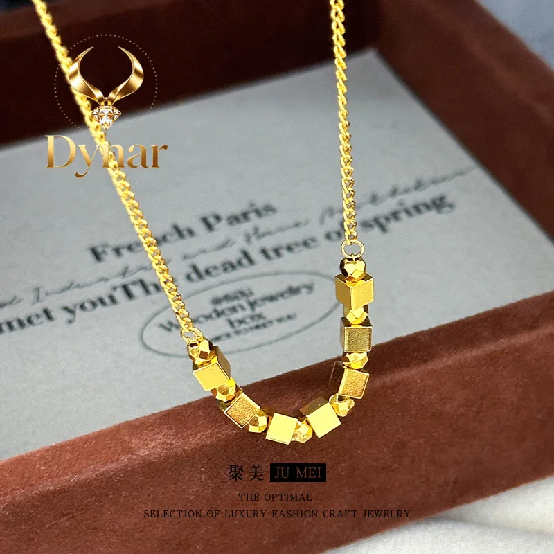 Dynar Jewelry   New clavicle chain 24K flashing small square necklace 9999 Real gold women's ins cold and simple light luxury de