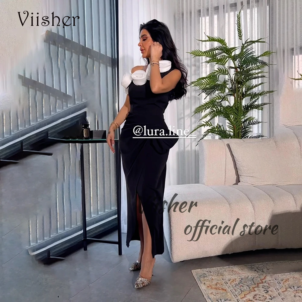 

Viisher Black Mermaid Evening Dresses One Shoulder Spandex Satin Prom Dress with Flower Slit Arabian Dubai Formal Occasion Gown